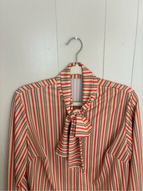 1970s Handmade Striped Tie-Neck Blouse in Cream and Red Button Down Retro Groovy